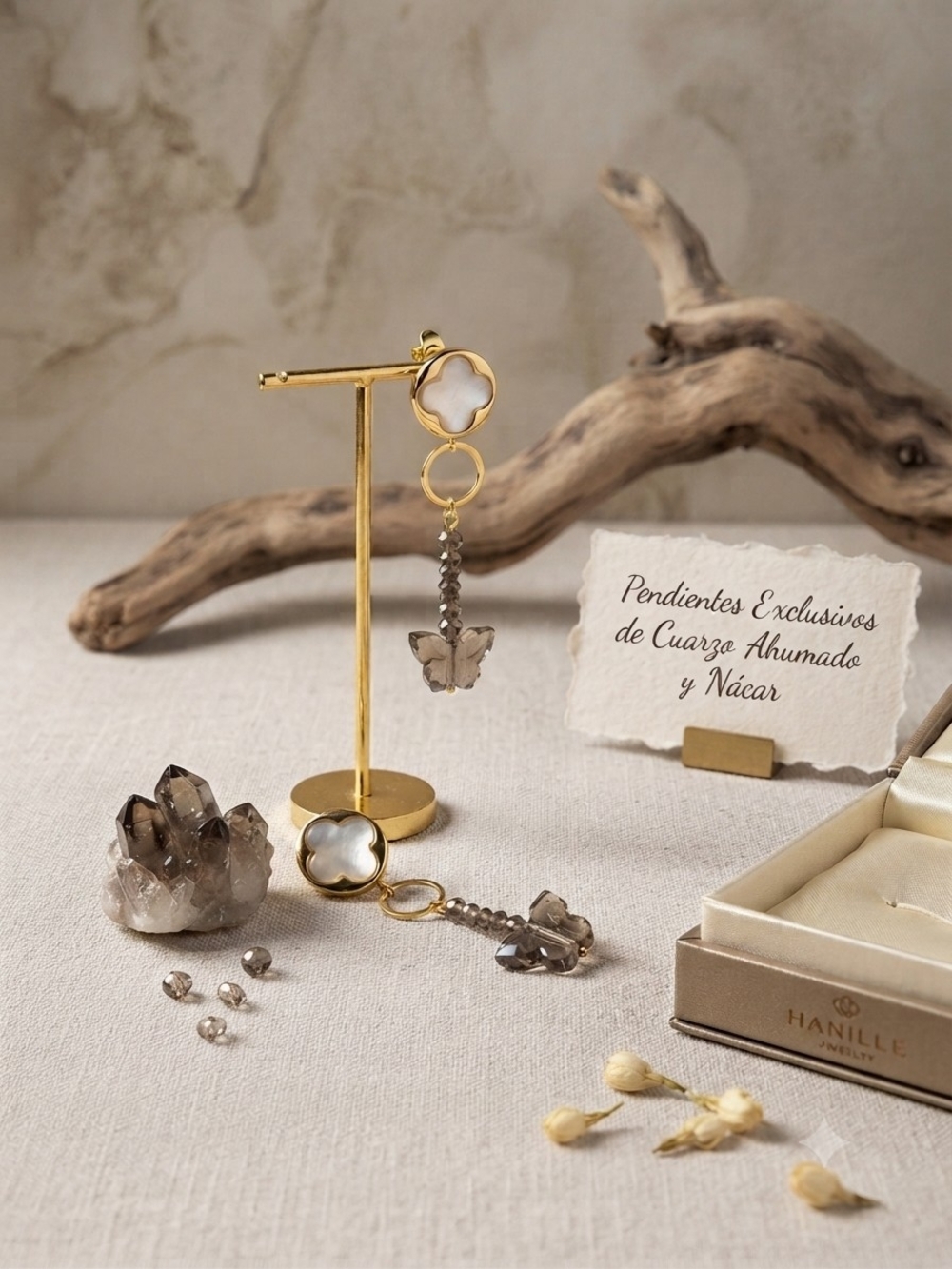 Gold Mother-of-Pearl & Smoky Quartz Butterfly Drop Earrings - Gold